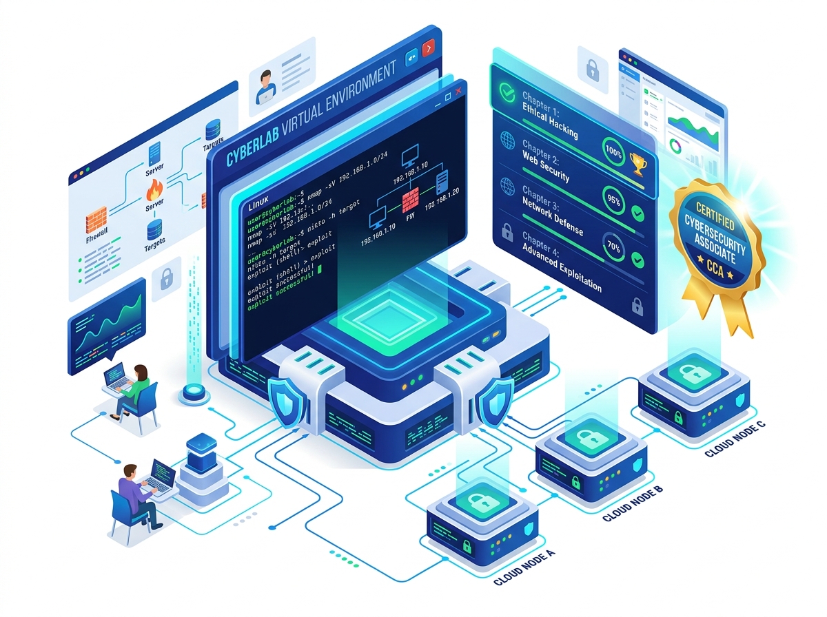 Cybersecurity LMS and Virtual Labs Cloud Environment Illustration