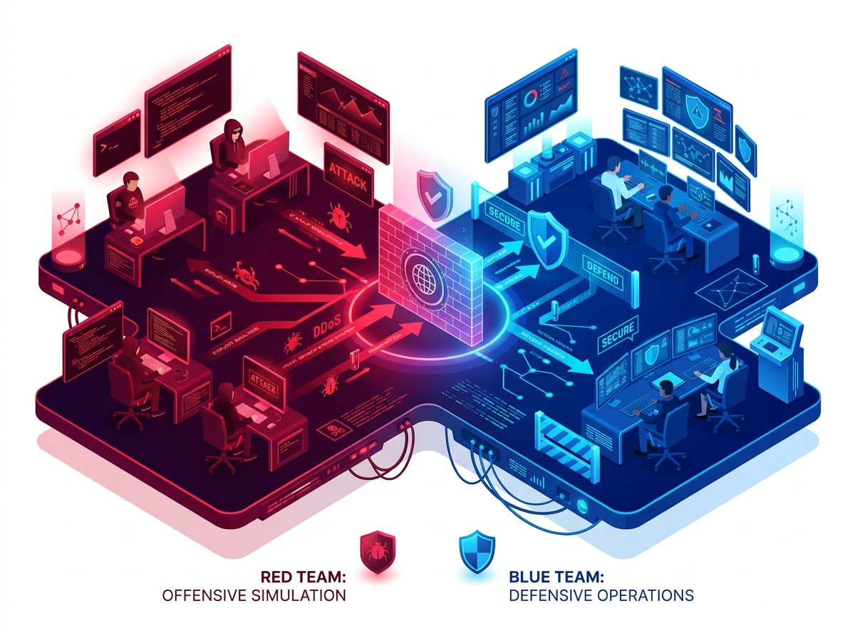 Red-Blue Teaming Cyber Warfare Simulation Platform Illustration